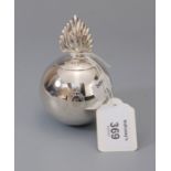 A silver grenade table centrepiece, the spherical grenade with flame finial, crest engraved to centr