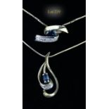 A sapphire and diamond pendant, to box link chain marked '750', a further sapphire and diamond pend