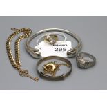 A 9ct gold curb pattern bracelet to a padlock clasp, a 9ct gold dolphin pendant and chain, a 9ct gol