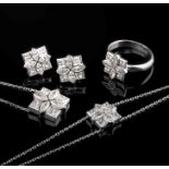 A diamond necklace, with bracelet, earrings and ring en suite, the centre with shaped square diamond