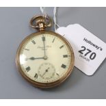 A 1920s 9ct yellow gold open face crown wind fob watch, Birmingham 1928, 78 grams gross weight