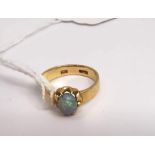 A single stone opal ring, the oval opal in an eight claw scalloped mount to a wide plain band marked
