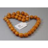 An amber bead necklace of uniform sized mottled oval butterscotch beads, 56cm, 69g Holloway's do no