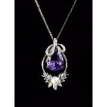 A French amethyst, diamond and cultured pearl pendant and chain, the pear-shaped amethyst with diamo