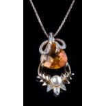 A citrine, diamond and cultured pearl pendant, the inverted pear-shaped citrine with diamond set sur