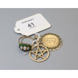 An opal and emerald cluster ring, a Star of Diamond pendant and simulated coin pendant, gross weigh