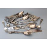 An antique silver fiddle pattern fork, and a quantity of plated continental flatware