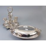 A Victorian Walker & Hall silver plated cruet, of lobed form with canted handle, together with other