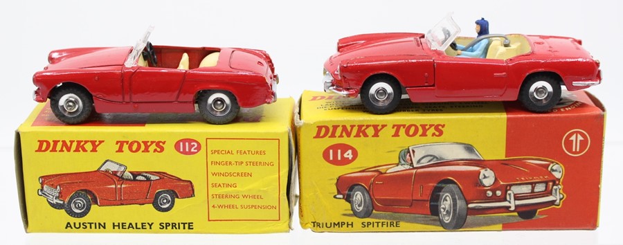 Dinky: A boxed Dinky Toys, 112, Austin Healey Sprite, red body, box slightly torn to one end with