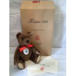 Steiff 1950 Replica Bear, (420245), with porcelain pendant, squeaker, certificate, boxed as new.