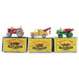 Matchbox: A collection of three boxed Moko Lesney, Matchbox Series vehicles to comprise: Tractor,