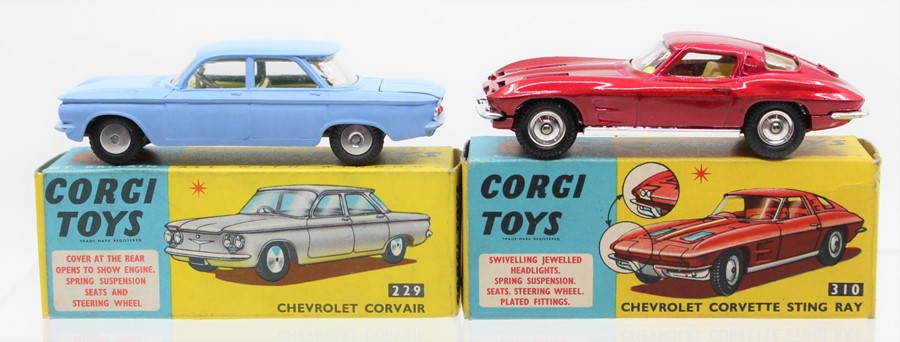 Corgi: A boxed, Corgi Toys, Chevrolet Corvair, 229, turquoise; together with a boxed, Corgi Toys,