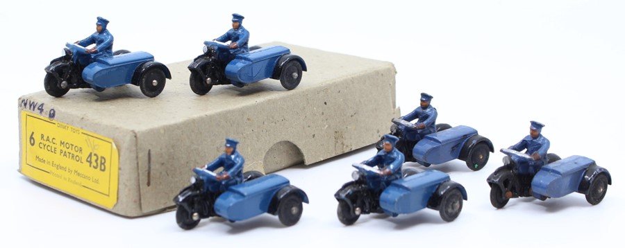 Dinky: A trade box, Dinky Toys, comprising six, 43B, R.A.C. Motor Cycle Patrol, blue body,