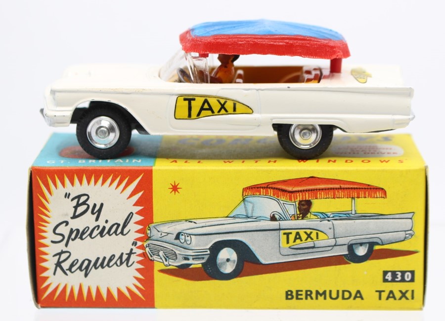 Corgi: A boxed, Corgi Toys, Bermuda Taxi, 430, white vehicle, blue and red canopy, vehicle appears