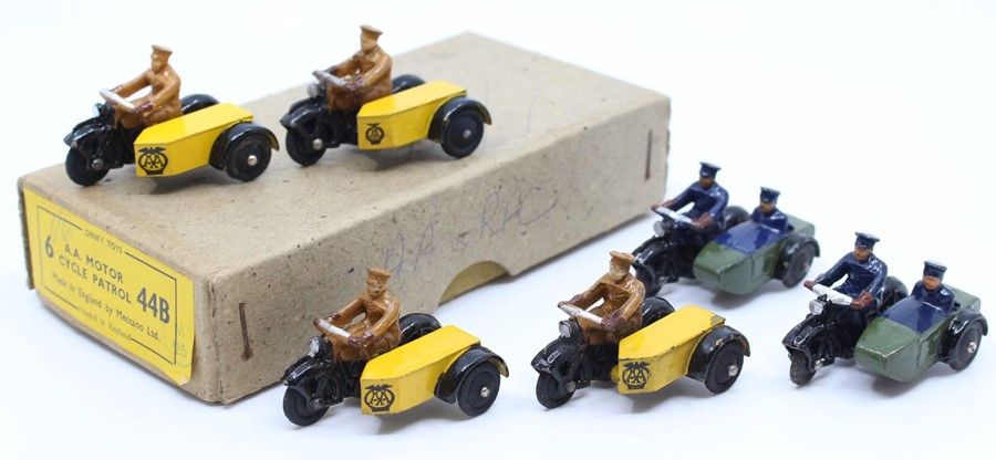 Dinky: A trade box, Dinky Toys, comprising four, 44B, A.A. Motor Cycle Patrol, together with two