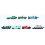 Dinky: A collection of seven Dinky, unboxed, playworn cars to comprise: Jaguar ‘D’ Type, Triumph