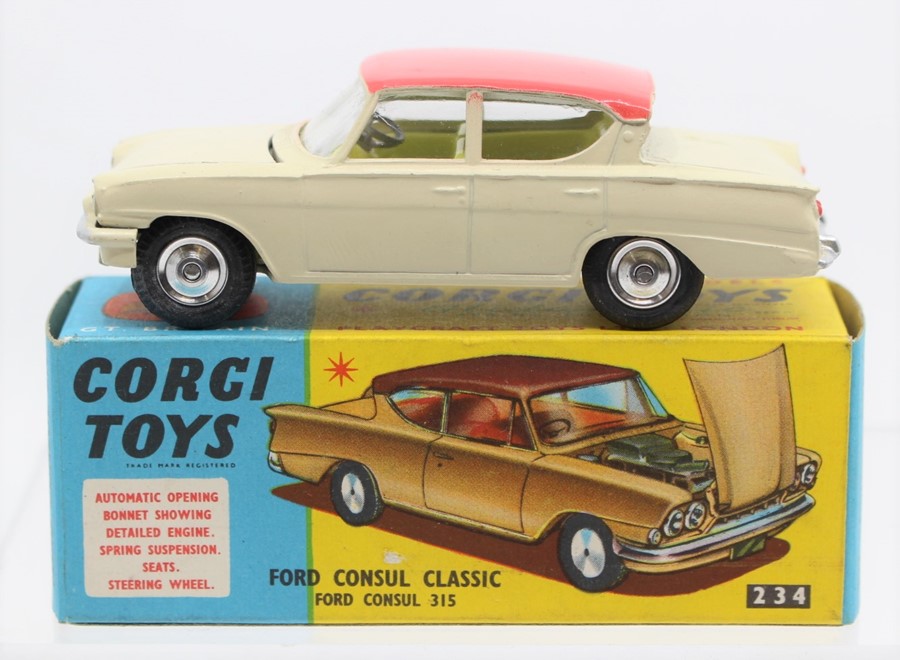 Corgi: A boxed, Corgi Toys, Ford Consul Classic, 234, cream body, pink roof, lemon interior.