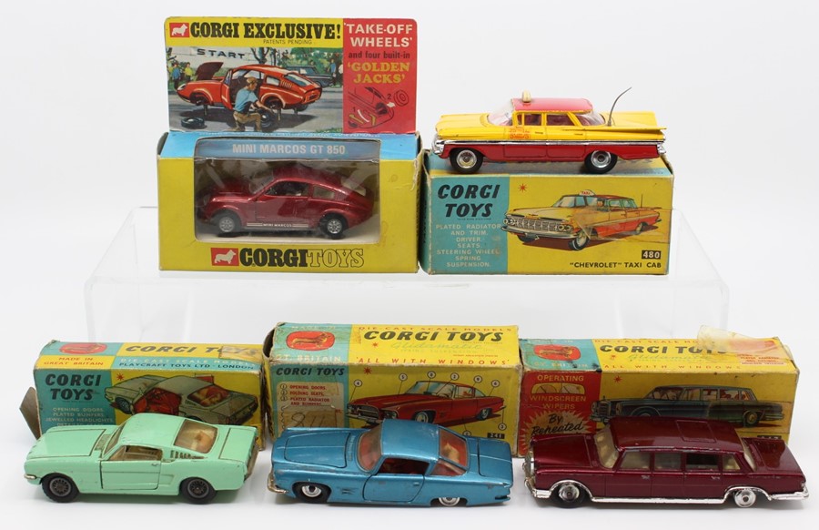 Corgi: A collection of five boxed Corgi Toys to comprise: Ford Mustang Flatback 2+2, 320; Mercedes