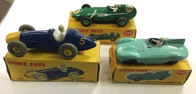 Dinky: A collection of three boxed Dinky Toys, to comprise: 23H, Ferrari Racing Car, blue body, in