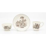 A Worcester trio, circa 1765, printed in black with the 'Milkmaids' pattern, comprising teabowl,