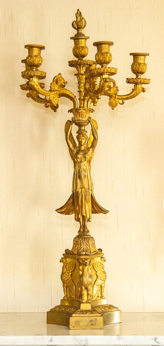 A pair of French Empire style gilt metal figural four-branch candelabra, circa 1890, modelled as - Image 2 of 2