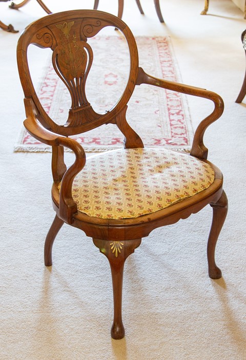 A Victorain brass inlaid rosewood open armchair,