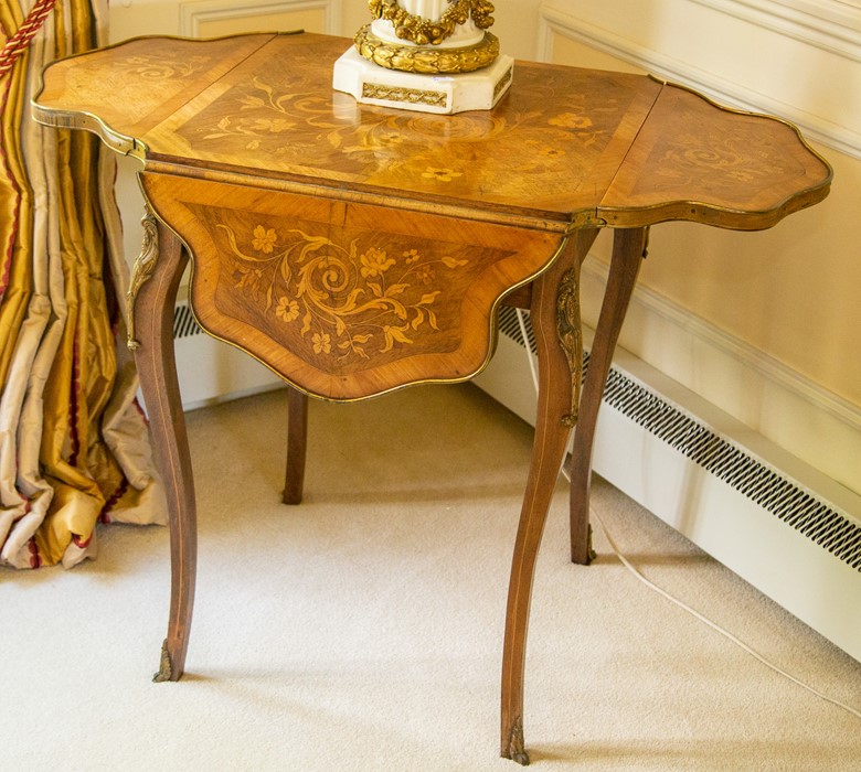 A French Louis XVI style kingwood cross-banded and marquetry drop leaf occasional table,