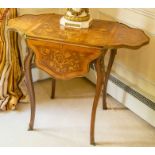 A French Louis XVI style kingwood cross-banded and marquetry drop leaf occasional table,