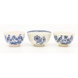 Two Worcester teabowls and saucers, circa 1770-90, printed in blue with the 'Birds in Branches'