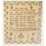 A 19th Century silk and linen needlework sampler, Ann Coley, 1835, worked with a register of William