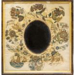 A good 17th Century stumpwork framed mirror, the oval plate within a cream silk panel, worked with a