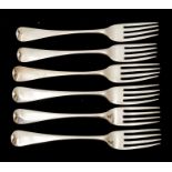 A set of six silver table forks, Mary Sumner, London 1808, Hanovarian pattern, combined weight