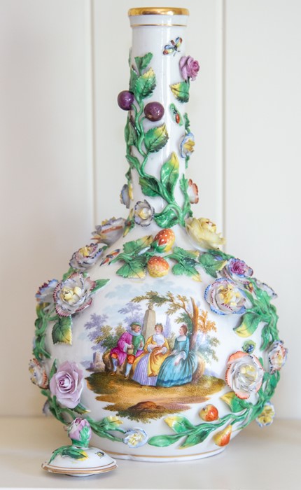 A pair of Dresden porcelain flower-encrusted bottle vases and covers, - Image 2 of 2