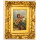 Continental School, 19th Century A Gypsy maiden seated on a grassy bank, oil on panel in giltwood