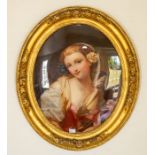An English School reverse painting on glass, 19th Century, of oval aspect and painted with a