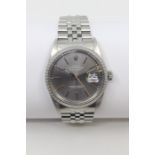 A gents stainless steel Rolex Oyster Datejust, 16030, circa 1988, with textured grey dial with