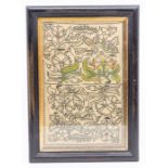 A framed needlework sample believed to be the fragment of a 1640s purse, originally forming part