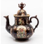 A Meesham-type 'bargeware' teapot and cover, dated 1884, of typical form with teapot finial, applied