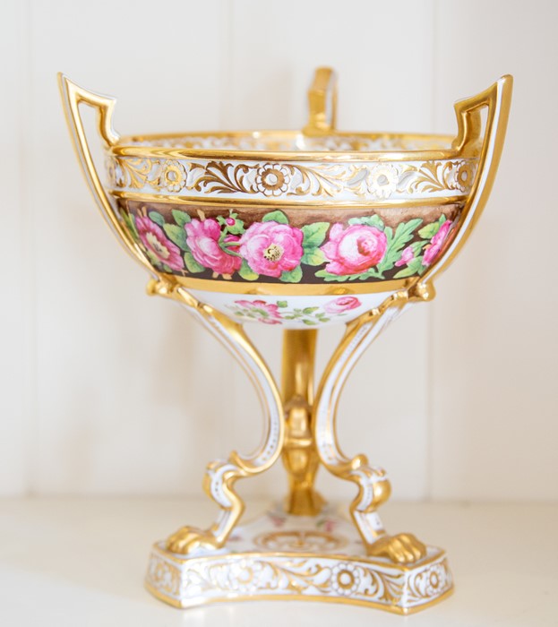 A Spode porcelain trophy form footed tazza,