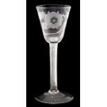 An English air twist 'Jacobite' wine glass, circa 1750-60, the funnel bowl engraved with a six