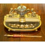 A french gilt brass champleve and pietra dura desk standish,