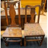 A harlequin set of eight 18th Century oak dining chairs, with shaped top rail and vase splat,