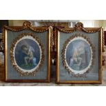 A pair of Italian decorative framed printed panels, the oval prints of putti with cracklure