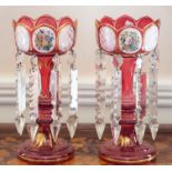 A pair of Bohemian ruby and white overlay glass lustres,