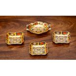 A small Royal Crown Derby Imari oval dish, 14cm and three rectangular pin or sweet trays, all