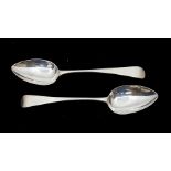 A pair of George III silver table spoons, London 1800, Old English pattern (maker's marks rubbed),