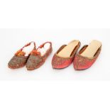 Two pairs of Turkish or Asian child's shoes, one pair with a satin embroidered pointed toe in a