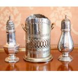 A group of Edwardian electroplate, to include two sugar sifters and a wine stand. (3)