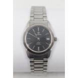 A gents stainless steel Eterna KonTiki quartz wristwatch, circa 1982, the black dial with polished