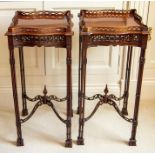A good pair of Chinese Chippendale-style mahogany side tables, circa 1910-20, the moulded tops
